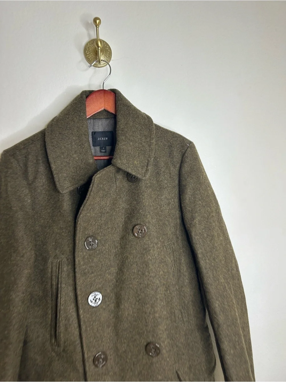 J. Crew 100% Wool Army Green Double Breasted Peacoat Size Small